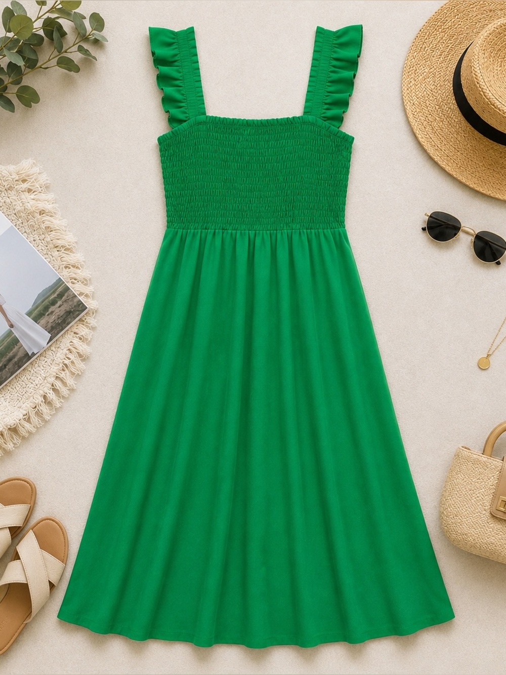 Green Smocked Ruffle Strap Dress Medium
